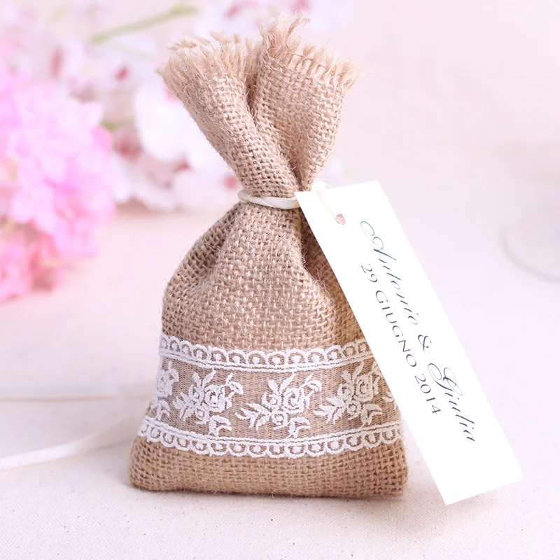 

Free Shipping 16x9cm Rustic Small Natural Burlap Lace Favor Bags Jute Hessian Wedding Gift Bags Pouch Candy Bags