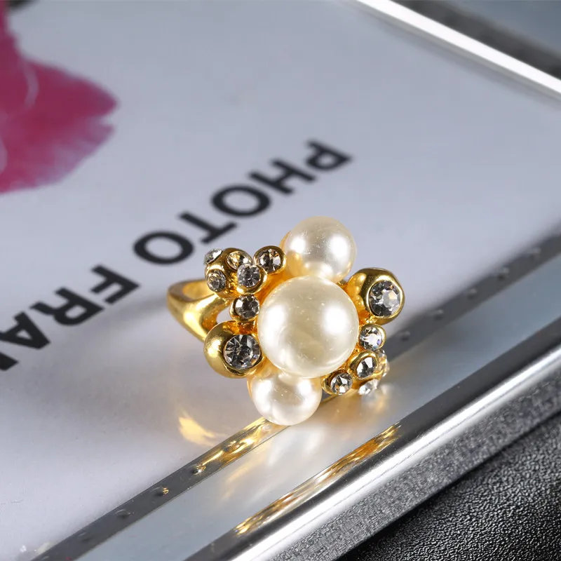 WalerV New Gold Color Ring for Women Set Fashion Charm Luxury White Round Three Pearl Rings Prom Party Wedding Jewelry Finger | Украшения и
