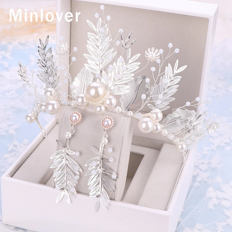 Свадебные тиары и короны Minlover с жемчужинами цветами серьги ручной работы из