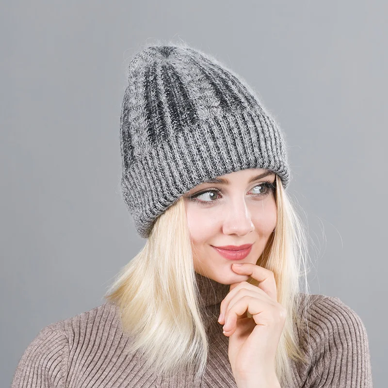 Мягкая вязаная шапка из кроличьего меха женская зимняя плотная теплая шерстяная
