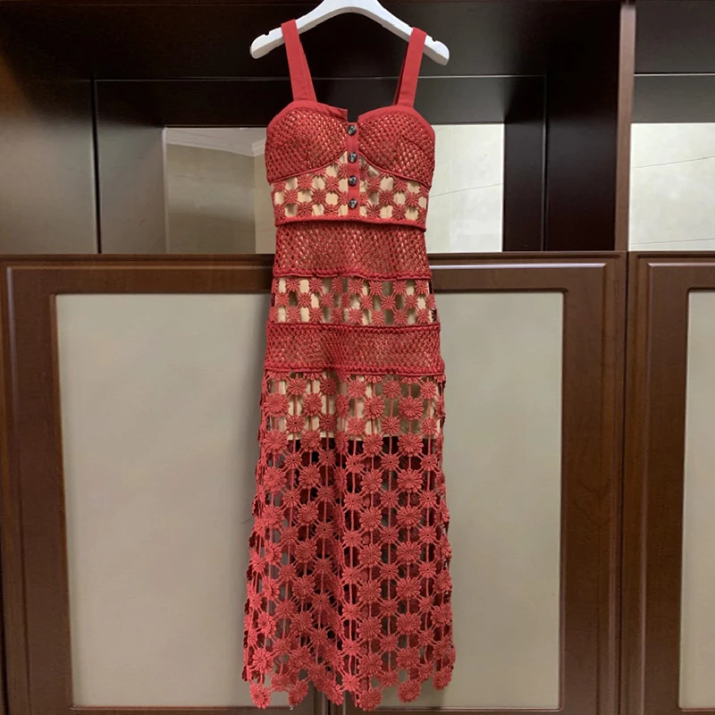 Self Portrait Women Dress Runway Lace Long Party Hollow Out Knit Patchwork Spaghetti Strap White Red Vestidos | Женская одежда