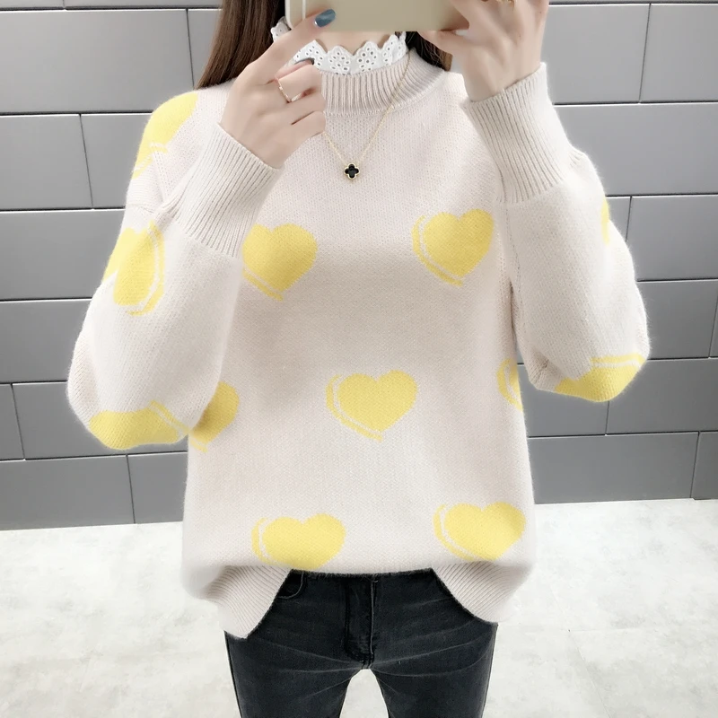 Loose Casual Women Knitted Sweater Autumn Winter Ladies O-neck Tops Pullover Korean Christmas Sweaters Hearts Knitwear Red | Женская