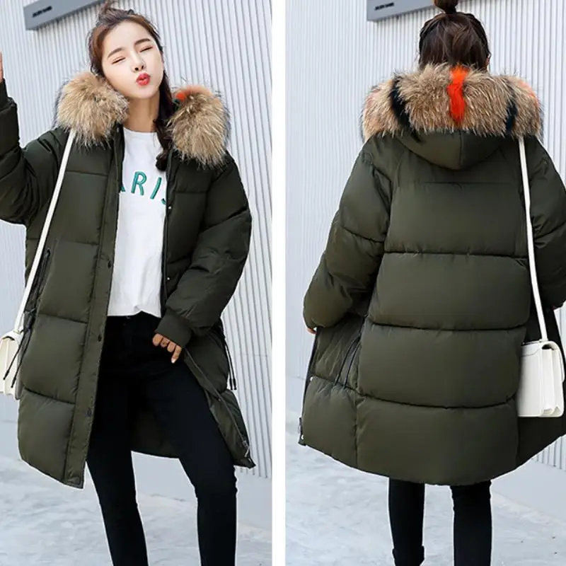 Женская куртка с капюшоном ENLU зимняя брендовая меховым воротником и перьями