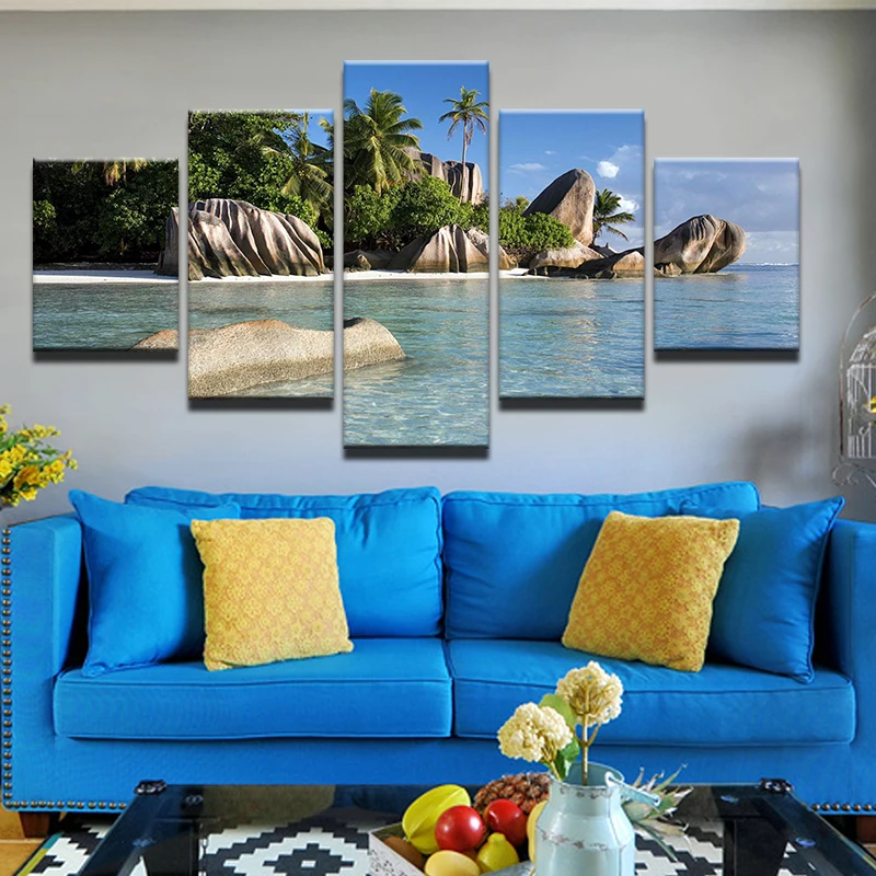 Living Room Home Decor Wall Art Picture Printed Azure Sky Ocean White Clouds Coconut Tree Stone Painting On Canvas | Дом и сад