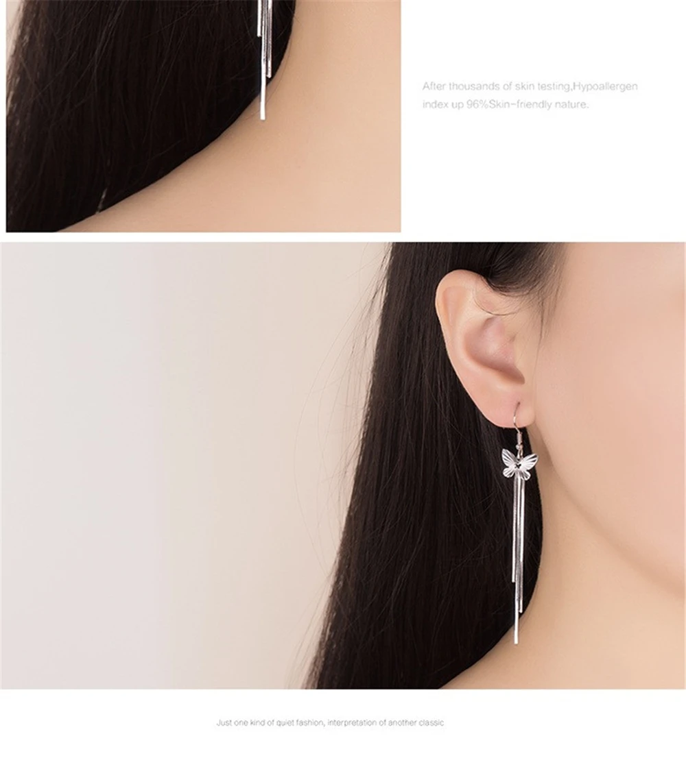 Женский провода уха мода длинный участок серебряный Падение Earrin Бабочка кисточкой преувеличены ювелирные изделия бренда девушки