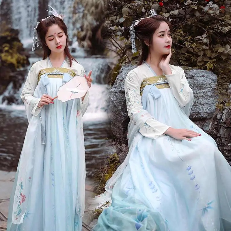 

Hanfu Women Blue Classical Dance Costume Chinese Embroidery Performance Clothes Lady Fairy Dress Folk Festival Outfit DF1039