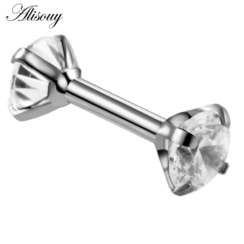 Silver Clear CZ Двойные круглые серьги для женщин хирургический стальной стержень серьги хрящевой пирсинг ухо драгоценный камень циркон стразы серьги стержни ювелирные изделия - Окраска металла: Silver Clear CZ