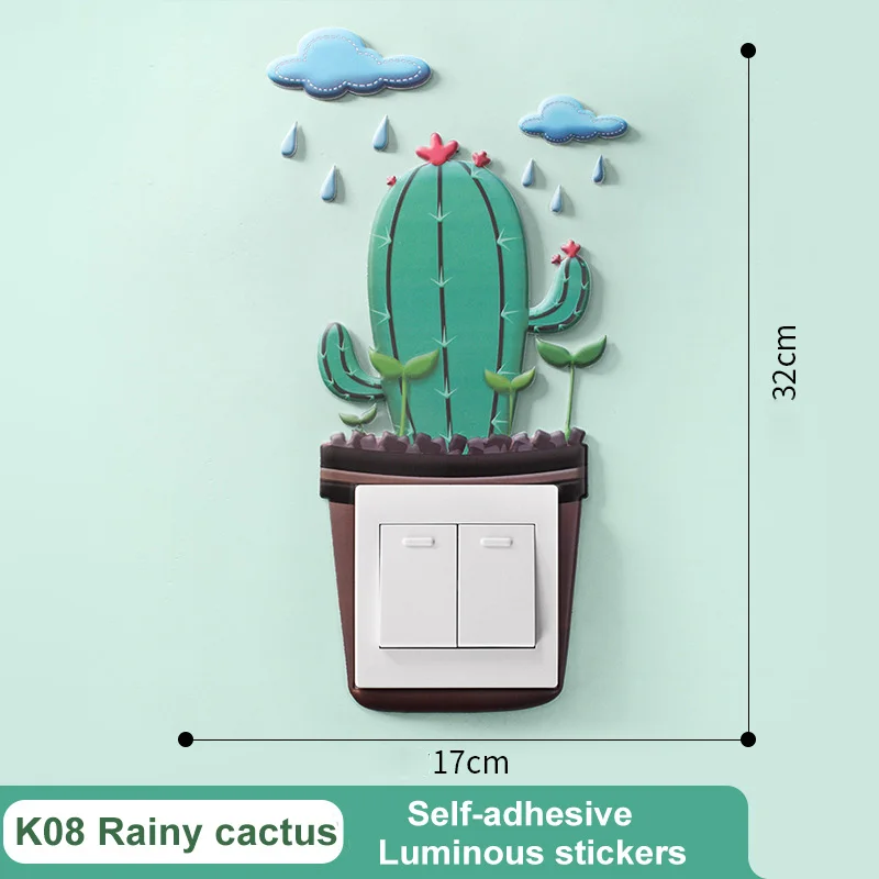 K08 rainy cactus Настенные украшения для дома, Мультяшные флуоресцентные светящиеся наклейки для детской комнаты, украшения для спальни, светящиеся переключатели, защитная крышка, водонепроницаемый - Цвет: K08 rainy cactus
