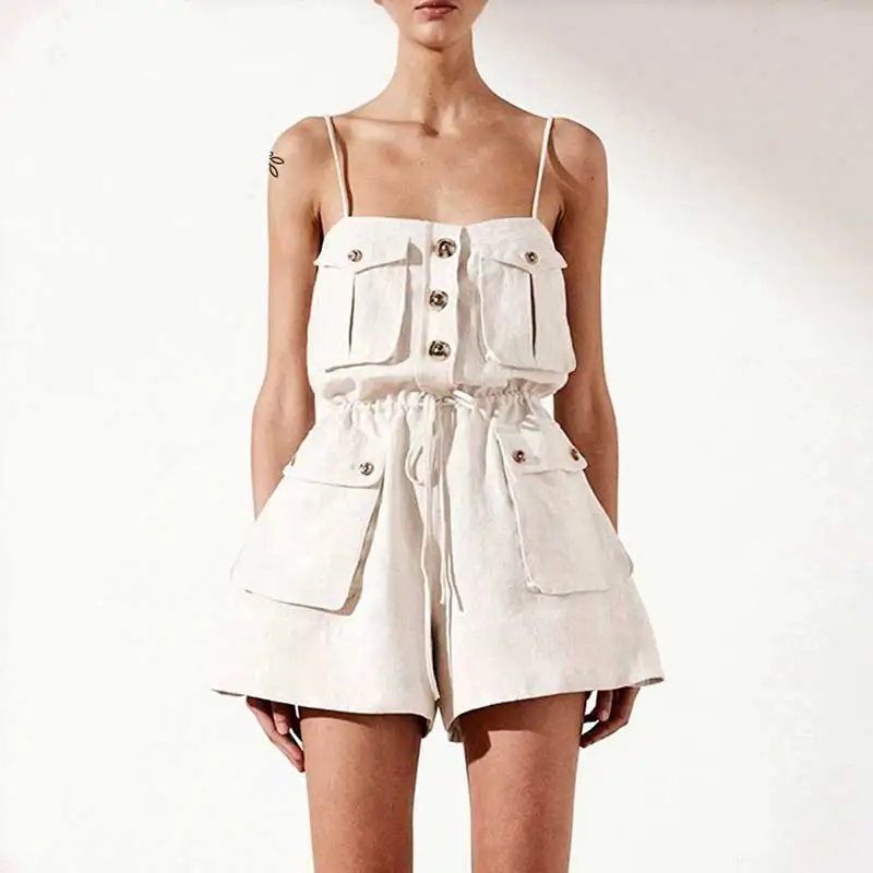 Богемный Вдохновленный льняной комбинезон для женщин на бретельках с передними