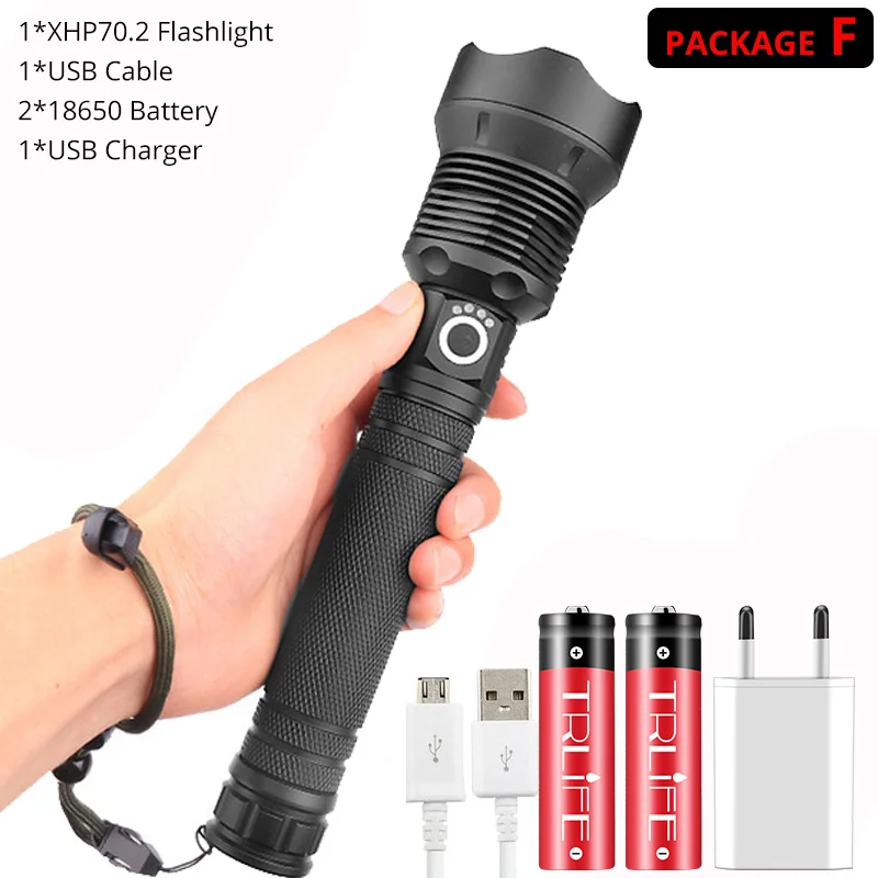 Package F-18650 Самый мощный XHP70.2 светодиодный светильник-вспышка с usb зумом тактический фонарь xhp50 18650 или 26650 перезаряжаемый ручной светильник с аккумулятором Прямая поставка - Испускаемый цвет: Package F-18650