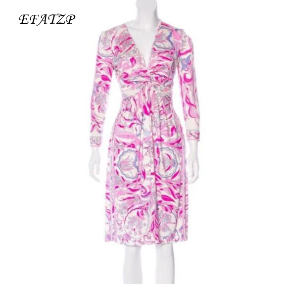 

New Fashion 2018 Designer Brand Dress Women's Pink Geometry Printed Long Sleeves V-Neck Stretch Jersey Silk XL XXL Day Dress