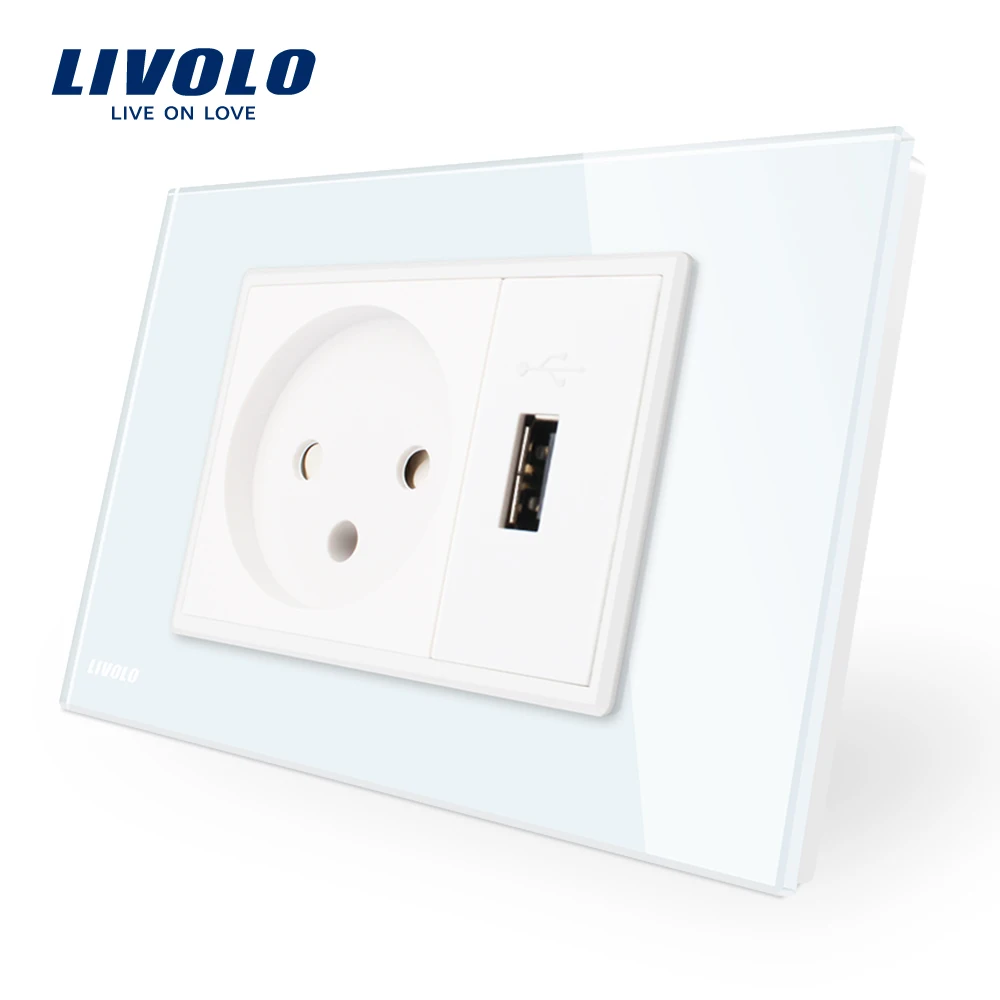 Livolo розетка с Usb зарядным устройством, белая/черная кристальная стеклянная панель, AC 250V16A настенная розетка, VL-C9C1IL1U-11/12
