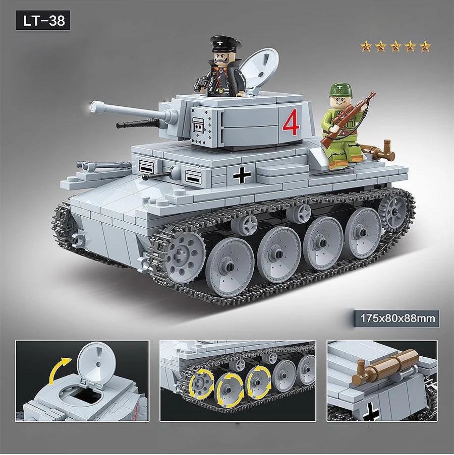 WW2 1938 Skoda LT VZ.38 PZKPFW 38(T) tank batisbricks germany army figures building block world war LT-38 model toys collection