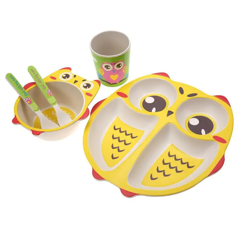 Yellow Owl 5 шт./компл. мультфильм детские набор посуды из бамбукового волокна; Лев чаша таблички для детей ясельного возраста, комплекты детская посуда столовые принадлежности Комплектная посуда Лидер продаж - Цвет: Yellow Owl