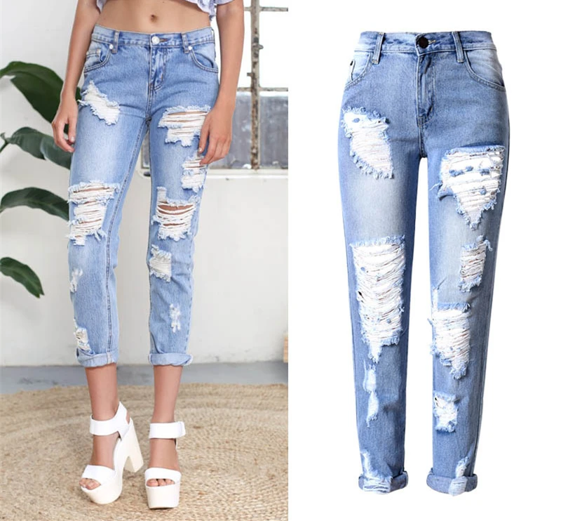 Hot Sale Regular Straight Casual Blue Plus Size Hole Ripped Women's jeans with Min Waist Zipper Pants Buttom Full Length Trouser |