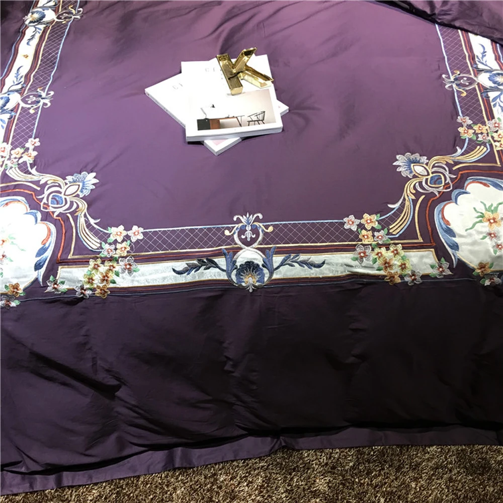New purple Chinese Wedding Embroidery Luxury Egyptian Cotton Bedding set 4Pcs Queen King size Duvet cover Bed sheet Gifts | Дом и сад