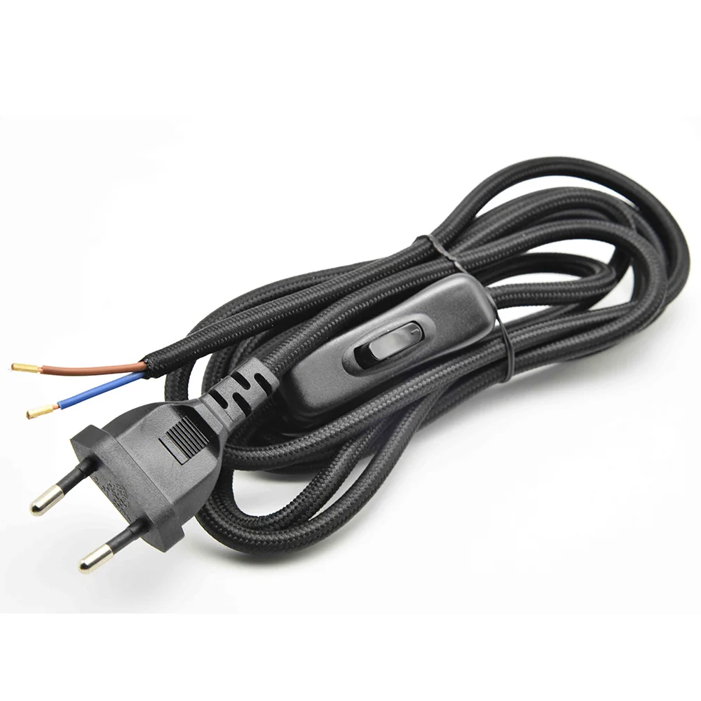 E27 лампа Разъем EU Plug Мощность шнур с выключателем круглые светодиодные лампы ткань Электрический провод лампы кабель переключателя гибкий кабель для светодиодный лампы базы держателей 2 м - Цвет: Black without socket