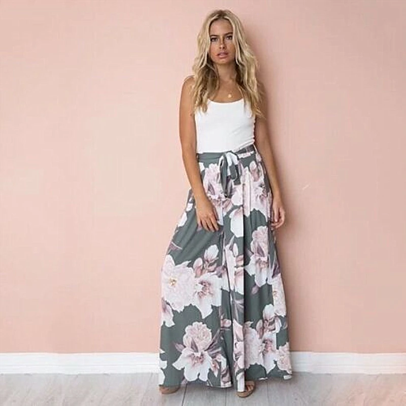 Серый Модные женские Boho Цветочные Длинные штаны с высокой талией Палаццо мешковатые широкие брюки женские летние свободные повседневные брюки - Цвет: Серый