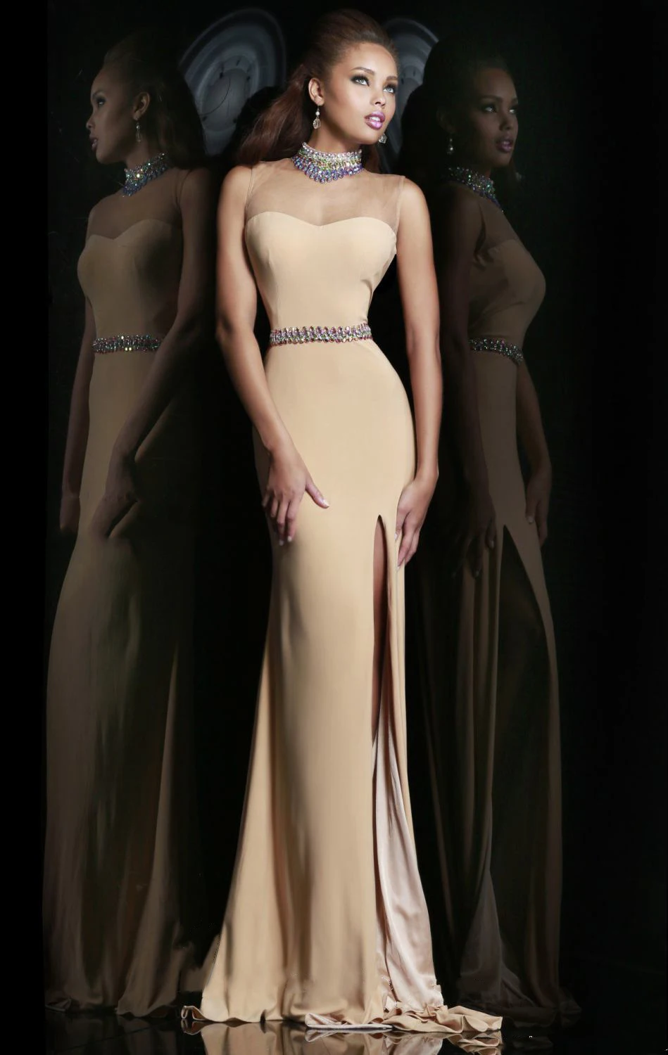wholesale-2014 New Arrival Fashion Designed Elegant Mermaid O-neck Side Split Chiffon Champagne Long Prom Dress With A Shiny Sas | Свадьбы и