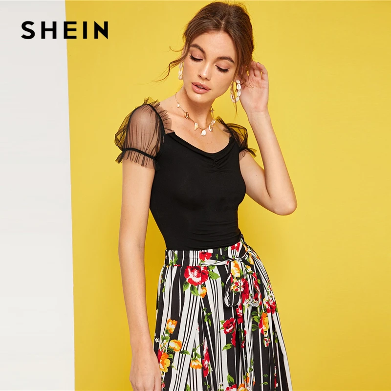 SHEIN модная футболка с оборками и сетчатыми рукавами и рюшами спереди, элегантная эластичная однотонная Милая летняя облегающая футболка, черные женские футболки