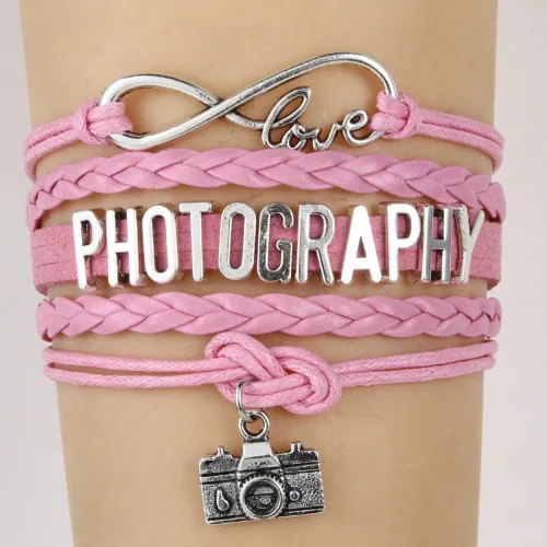 Pink NCRHGL Бесконечная любовь фотографии браслеты амулет камера Плетенный из искусственной кожи браслет ювелирные изделия для мужчин женщин Прямая - Окраска металла: Pink
