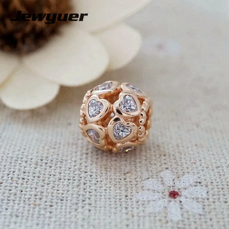 Silver hearts charms with rose gold fit 925 sterling silver bead Bracelet necklace DIY pendant for jewelry making Jewyuer BE174 | Украшения