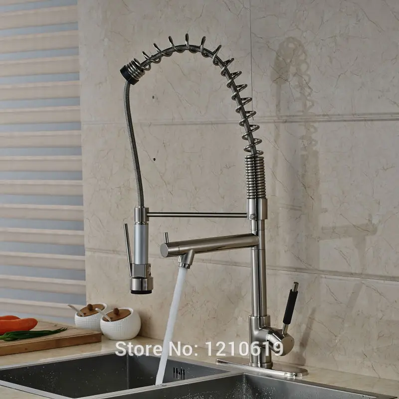 Никелевый матовый кухонный пружинный кран с креплением на палубе вытяжной носик