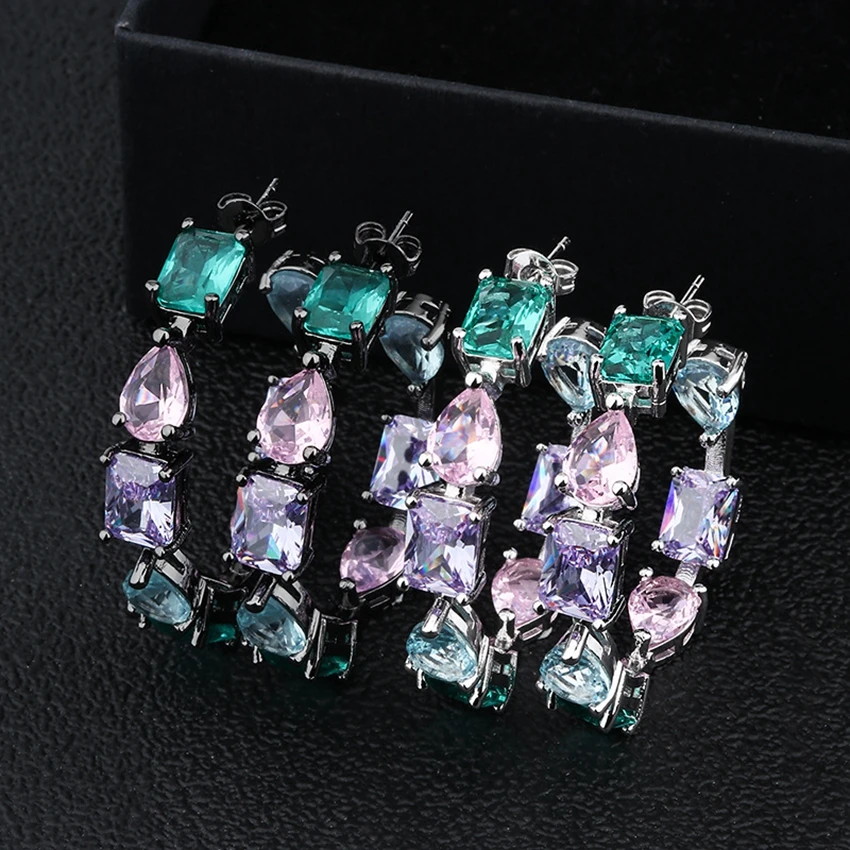 Великолепный Большой мульти-Цвет кубического циркония CZ серьги-кольца для