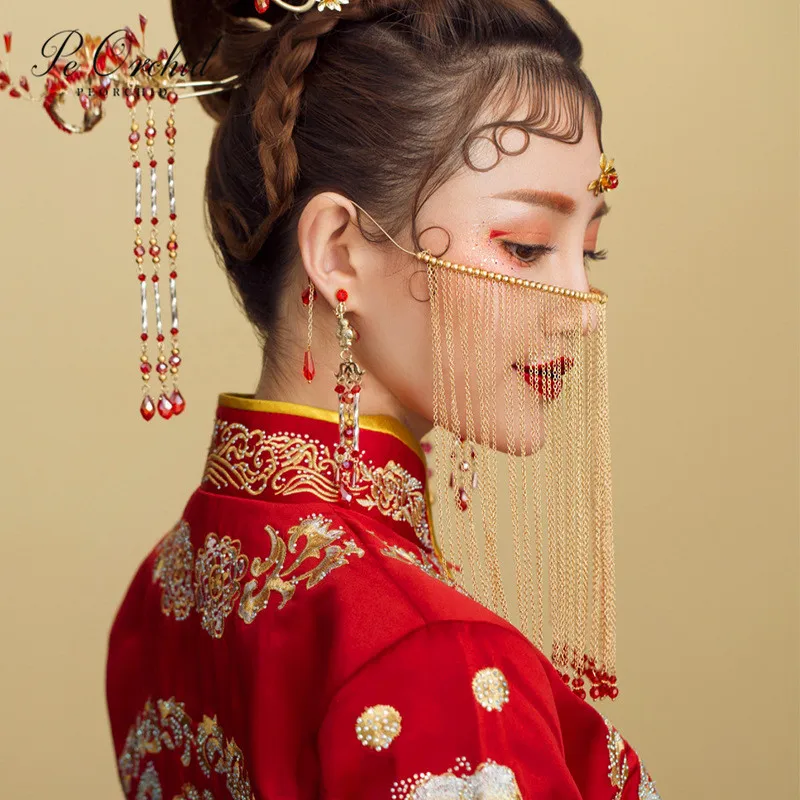 PEORCHID китайский бисер украшения для лба Длинная кисточка маска лица Hanfu