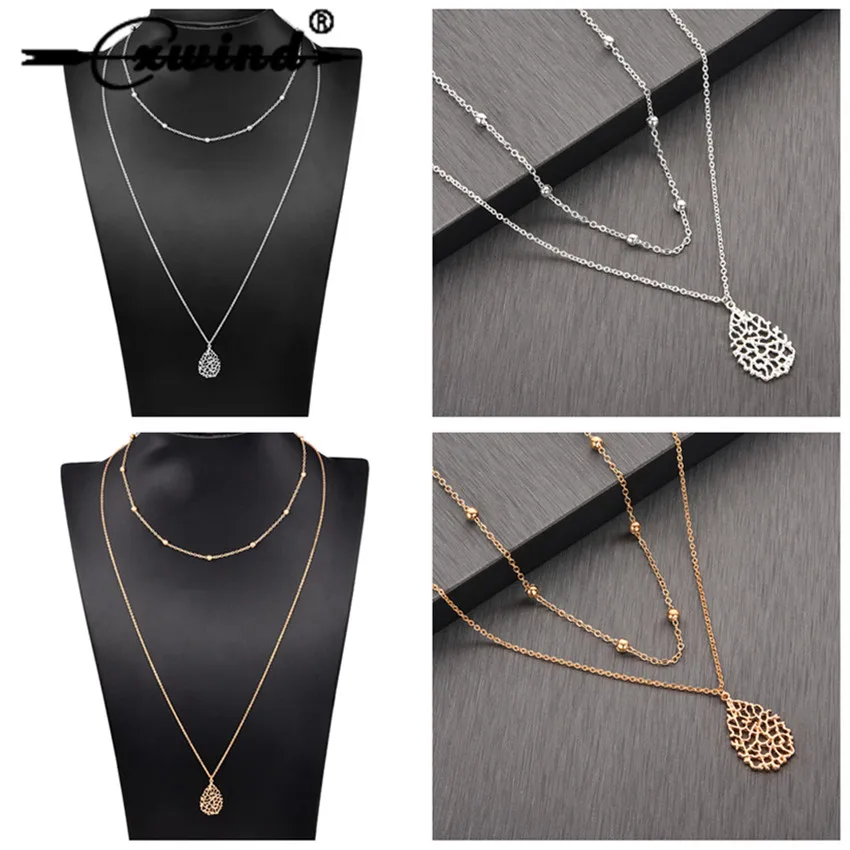 

Cxwind Bohemian Multi layer Filigree Teardrop Pendant Necklaces For Women Fashion Bead Chain Necklace Statement Choker Jewelry