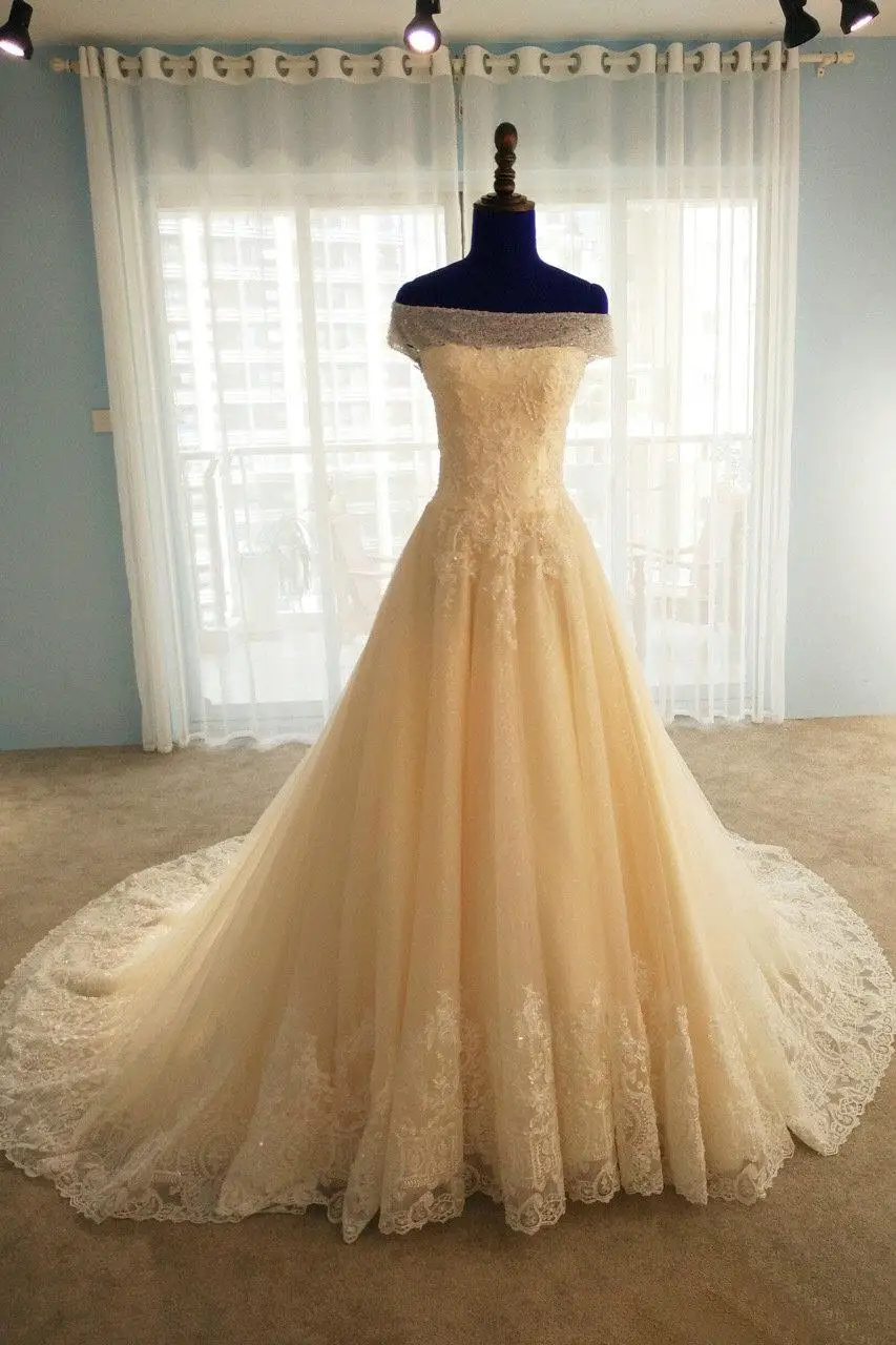 BANVASAC Real Photos Boat Neck A Line Lace Appliques Wedding Dresses 2018 Short Cap Sleeve Plus Size Court Train Bridal Gowns | Свадьбы и
