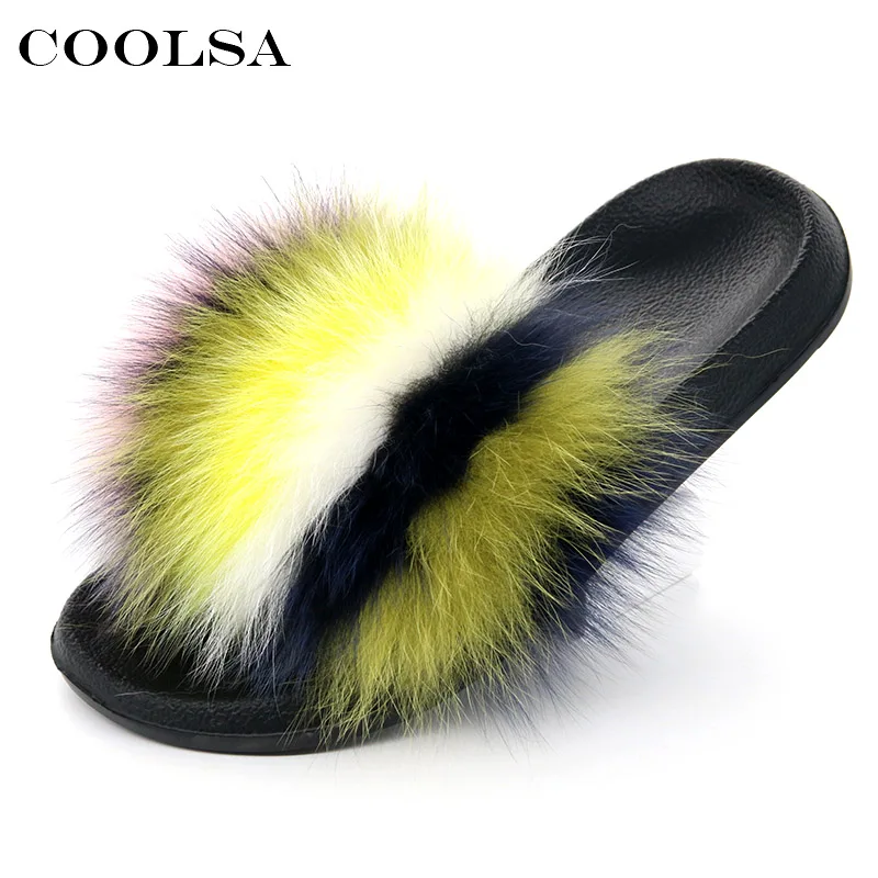 Coolsa/Лидер продаж; летние женские меховые тапочки; шлепанцы без задника с натуральным лисьим мехом; Дизайнерская обувь на плоской подошве; пушистые плюшевые туфли; женские комнатные тапочки; милые меховые тапочки; Pantufa - Цвет: Yellow stripes