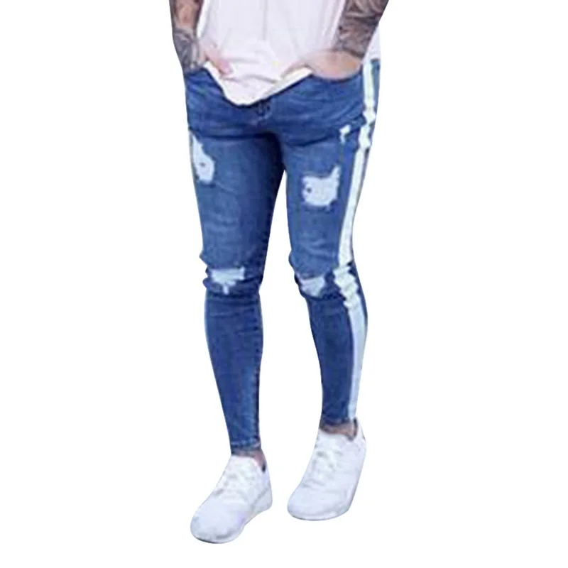 Light blue Oeak, мужские джинсы, новинка, сексуальные, рваные, стрейчевые, джинсовые брюки, мужские, прямые, повседневные, в полоску, уличная одежда, брюки-карандаш - Цвет: Light blue