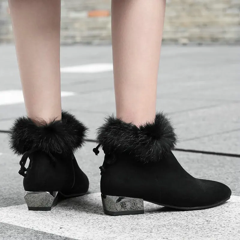 

Sianie Tianie 2020 winter faux fur warm woman shoes square chunky low heels plush women ankle boots plus size 47 48