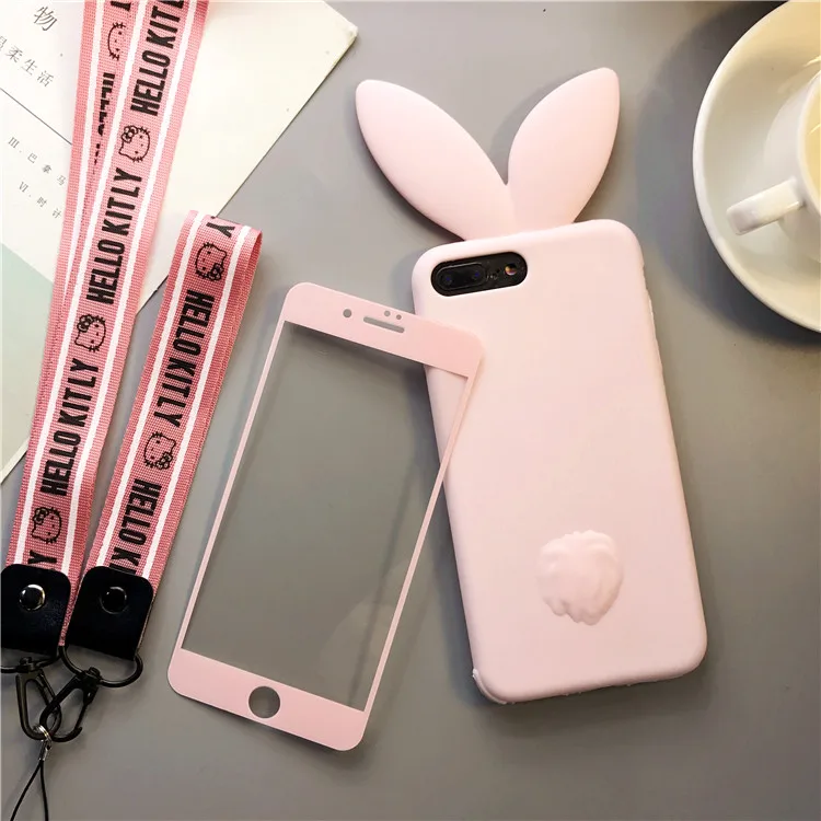 3 шт. для iphone 8 plus 3D чехлы телефонов с заячьими ушками + розовый экран из
