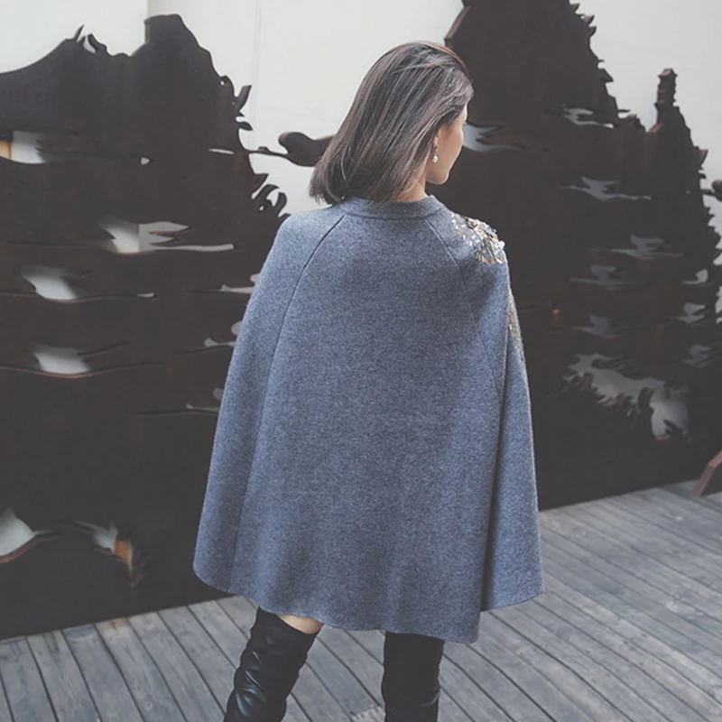 Женское пончо-пуловер осенне-зимнее толстое пальто-свитер с блестками Осень-зима