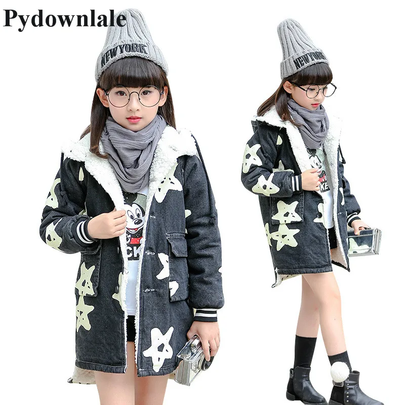 2017 зимний модный длинный Джинсовый плащ для девочек детская хлопковая свободная