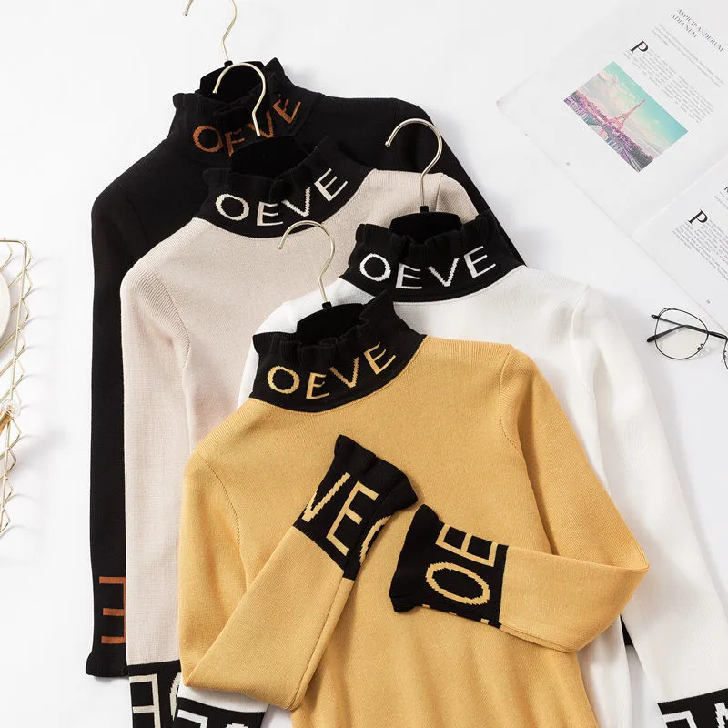 2019 New Women Sweater Knitted Pullovers Autumn Long Sleeve Casual Letter Female Elastic Pull Femme Jumper Tricot Tops | Женская одежда