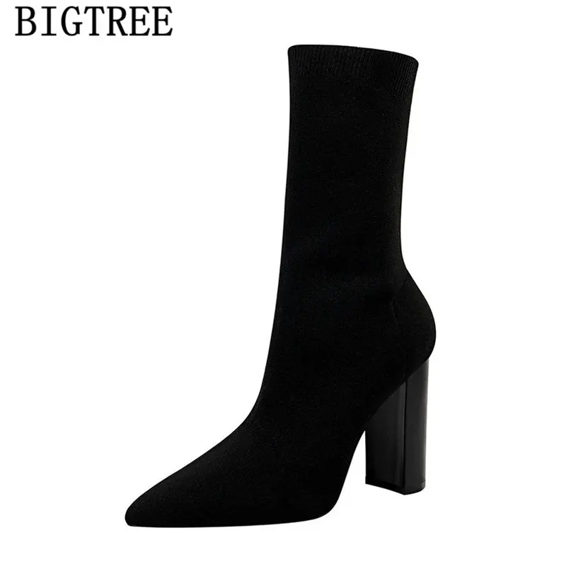 Женские вязаные ботильоны Bigtree ботинки носки на толстом каблуке зимние
