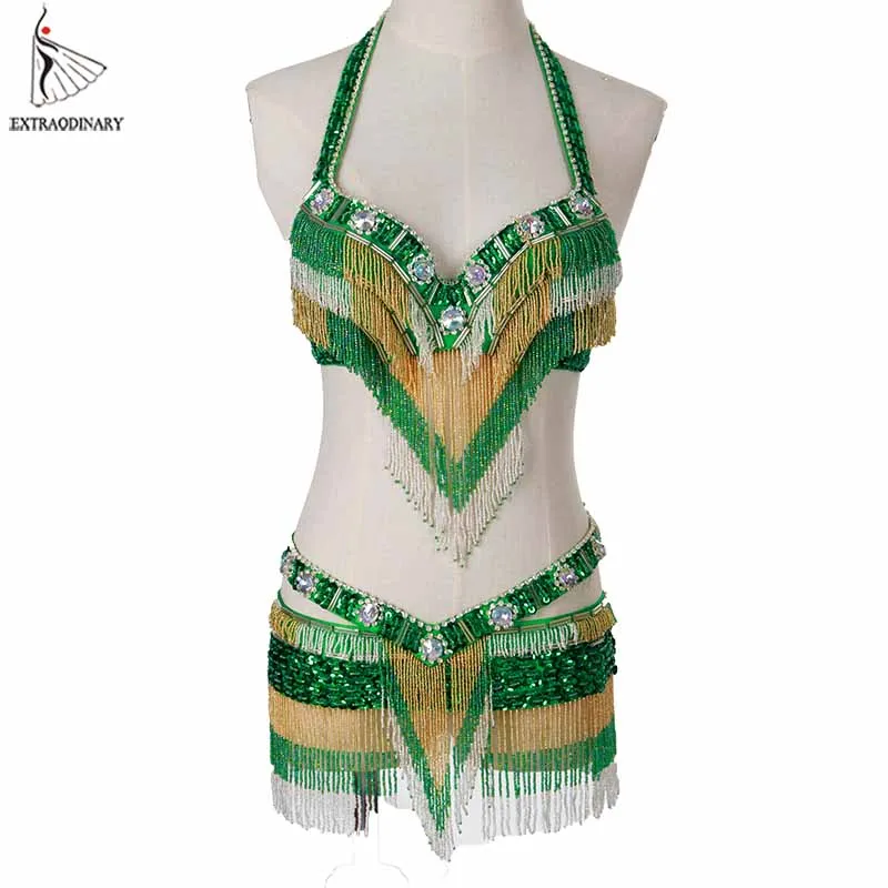 Oriental Women Belly Dance Costumes Set Bra Belt Tassel Beaded Sequined Outfit Clothes Eastern Style Top And Hip Scarf 2pcs |