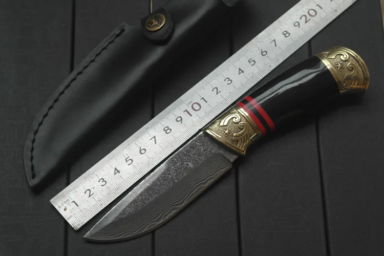 

Нож для кемпинга Swayboo для выживания с бронзовой головкой и ручкой из бычьего рога, нож для охоты из дамасской стали