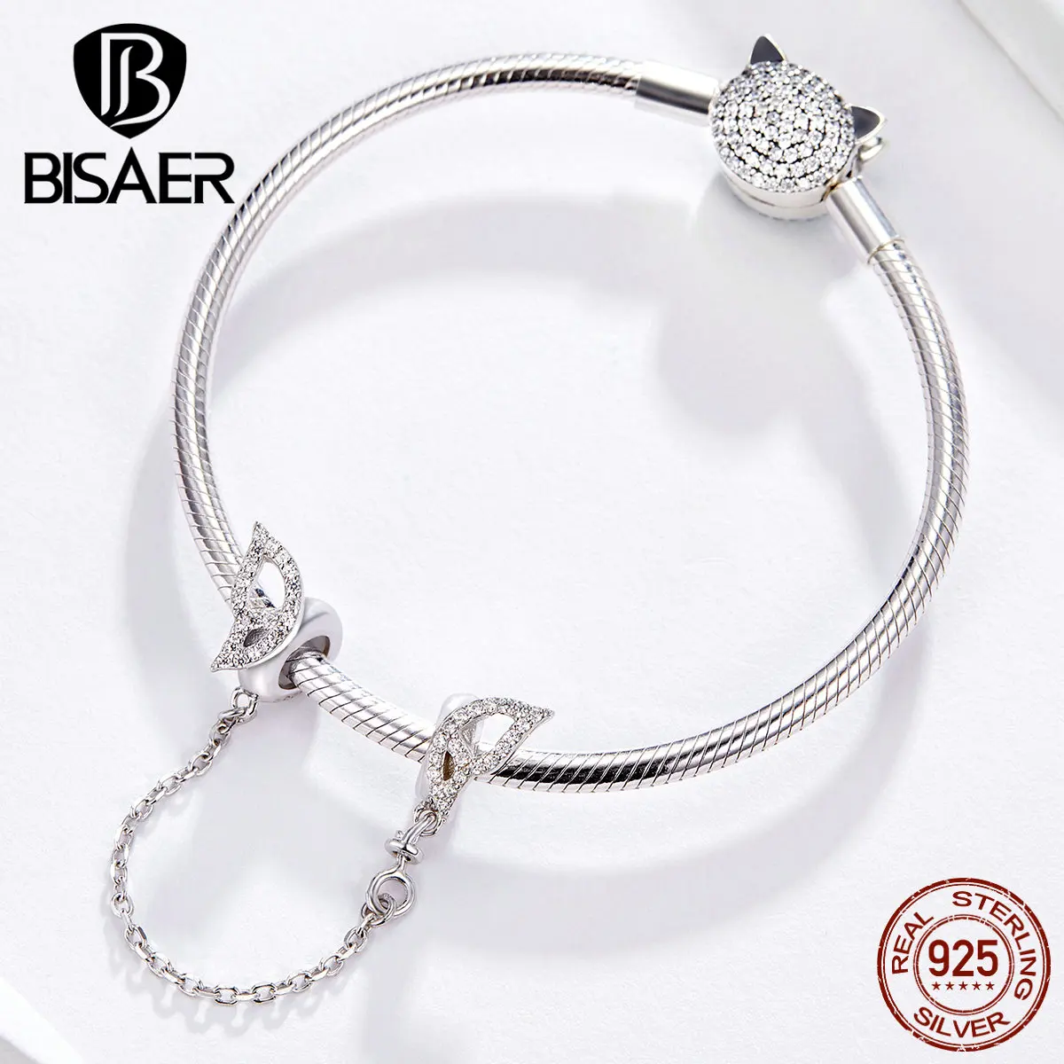 Цепочка безопасности BISAER, 925 пробы, серебряные крылья, пробка, перья, безопасная цепочка, бусины, подходят для шармов, браслеты, 925 серебряные ювелирные изделия EFC083