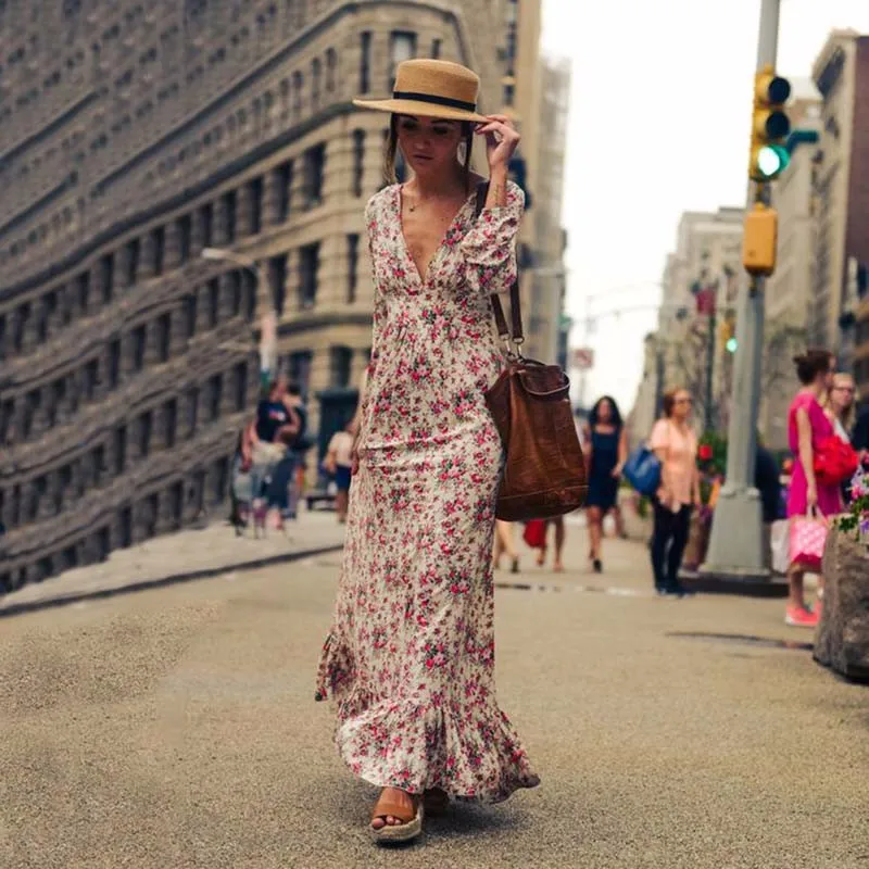 2017 летнее женское длинное Цветочное платье с v-образным вырезом Ретро богемное