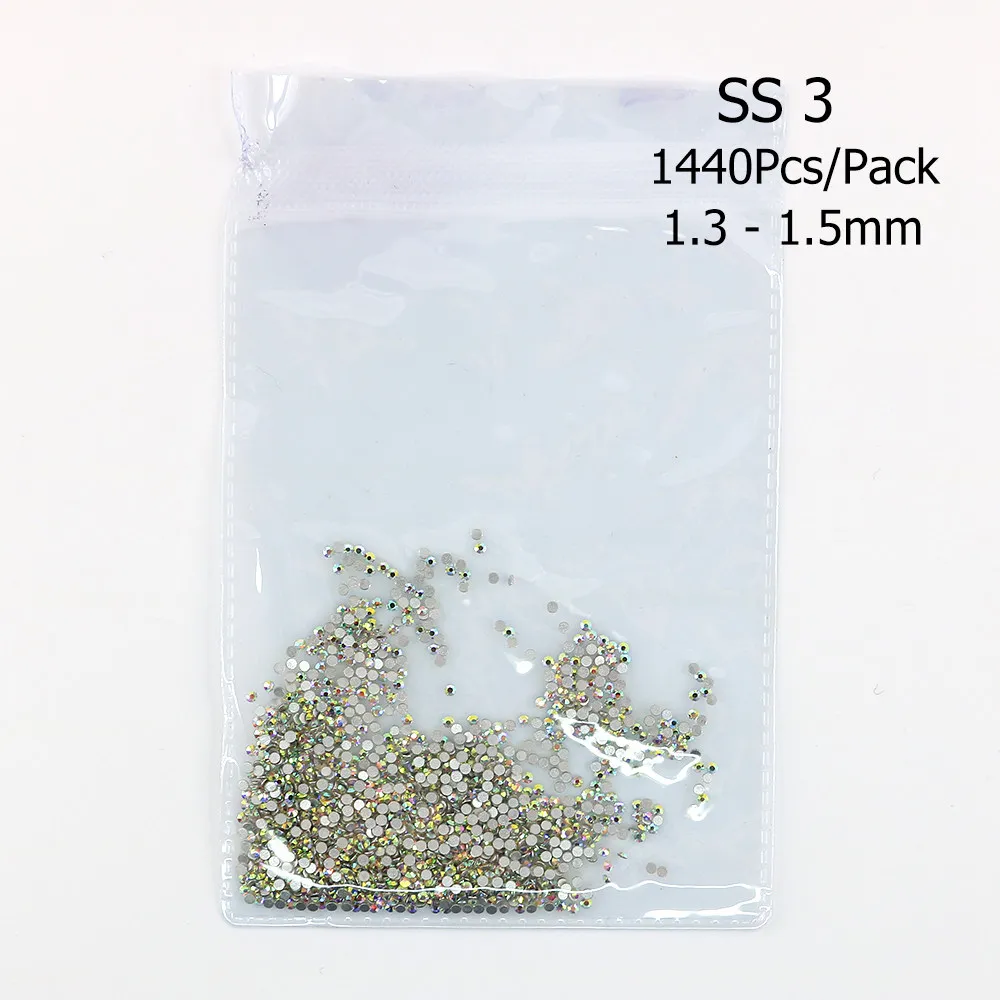 SS3 1440Pcs SS3-SS40, Блестящие Стразы для ногтей, художественные Кристальные AB прозрачные стеклянные камни, 3D дизайн ногтей, декоративные стразы с плоской задней поверхностью, не исправляемые Стразы - Цвет: SS3 1440Pcs