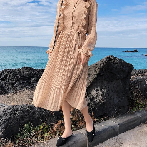 Винтажное шифоновое женское платье с круглым вырезом и оборками расклешенными