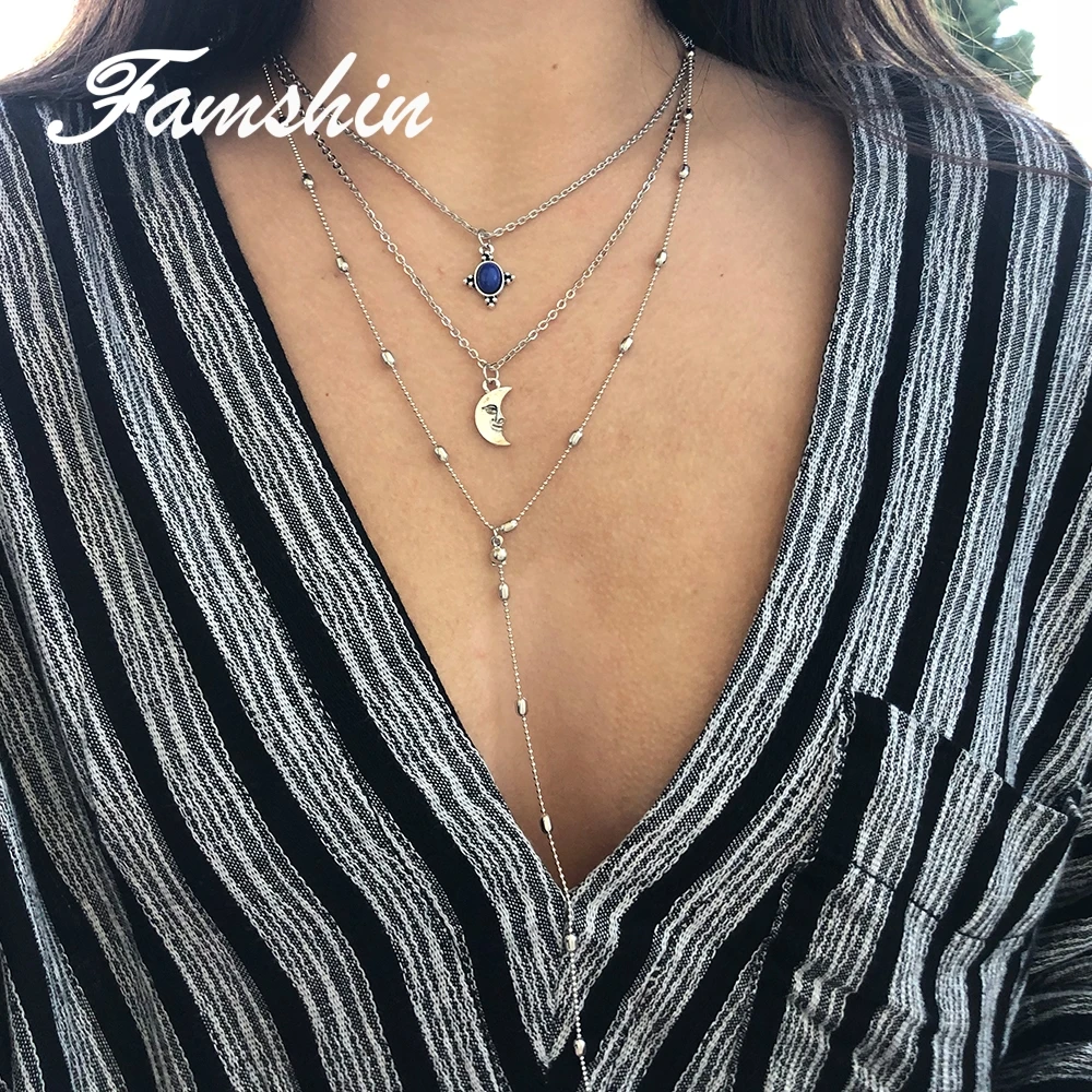 FAMSHIN модное винтажное ожерелье Бохо Луна цепочка многослойное колье для женщин