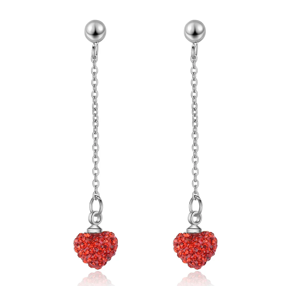 

Romantic Red Love Heart Crystal 925 Sterling Silver Ladies Long Tassel Stud Earrings Original Jewelry For Women Drop Shipping