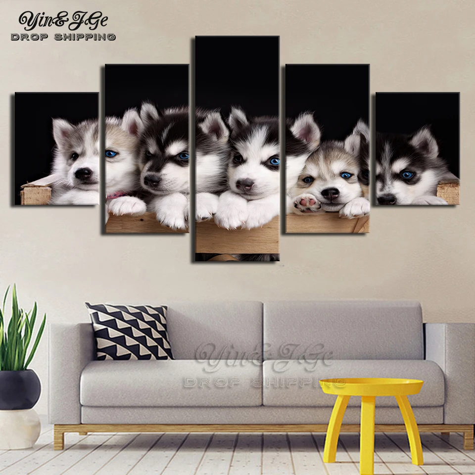 Modular Wall Art HD Printed Canvas Painting 5 Pieces Husky Lovely Animal Posters Pictures Home Decorative Living Room Frameworks | Дом и сад