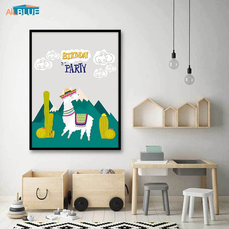Nordic Lovely Cartoon Animal Alpaca Landscape Posters And Prints Canvas Painting Wall Art Pictures For Kids Room Bedroom Quote | Дом и сад