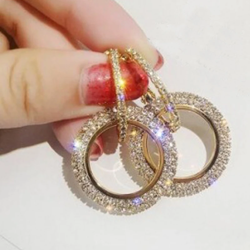 Европейский бренд серьга со стразами Мода Большой Круглый Bling Brincos двойной круг серьги-кольца элегантные женские вечерние ювелирные изделия